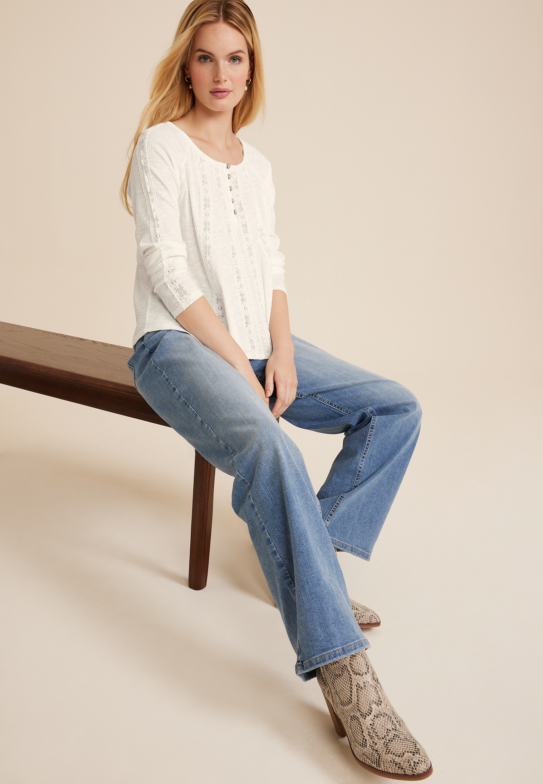 Long Sleeve Lace Inset Henley Tee, ECRU, large
