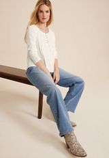 Long Sleeve Lace Inset Henley Tee, ECRU, small