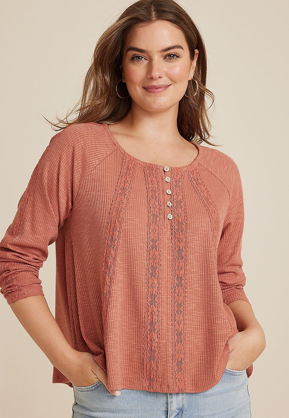 Beautiful Long Sleeve Lace accents on sleeves and back Henley Top