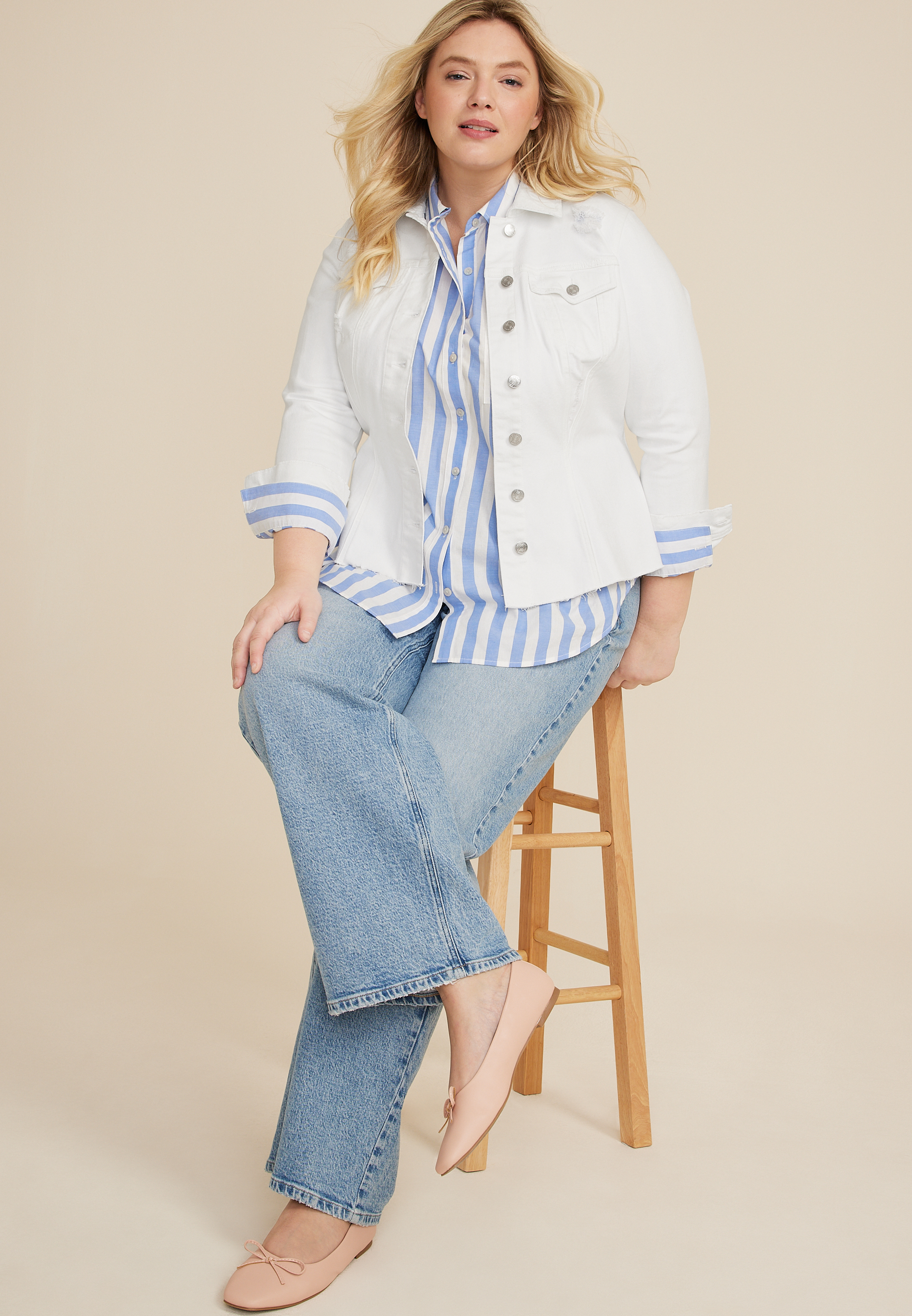 Plus Size White Cinched Denim Jacket, C223, large