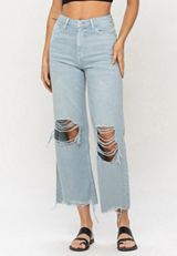 Vervet&trade; Light Green Nonstretch Ripped High Rise Flare Ankle Jean, LIGHT SANDBLAST, small