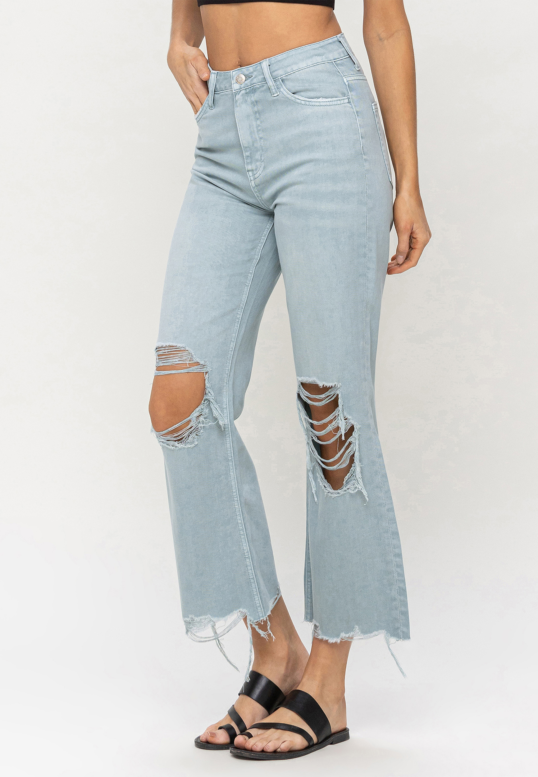 Vervet&trade; Light Green Nonstretch Ripped High Rise Flare Ankle Jean, LIGHT SANDBLAST, large