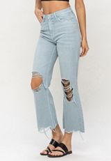 Vervet&trade; Light Green Nonstretch Ripped High Rise Flare Ankle Jean, LIGHT SANDBLAST, small