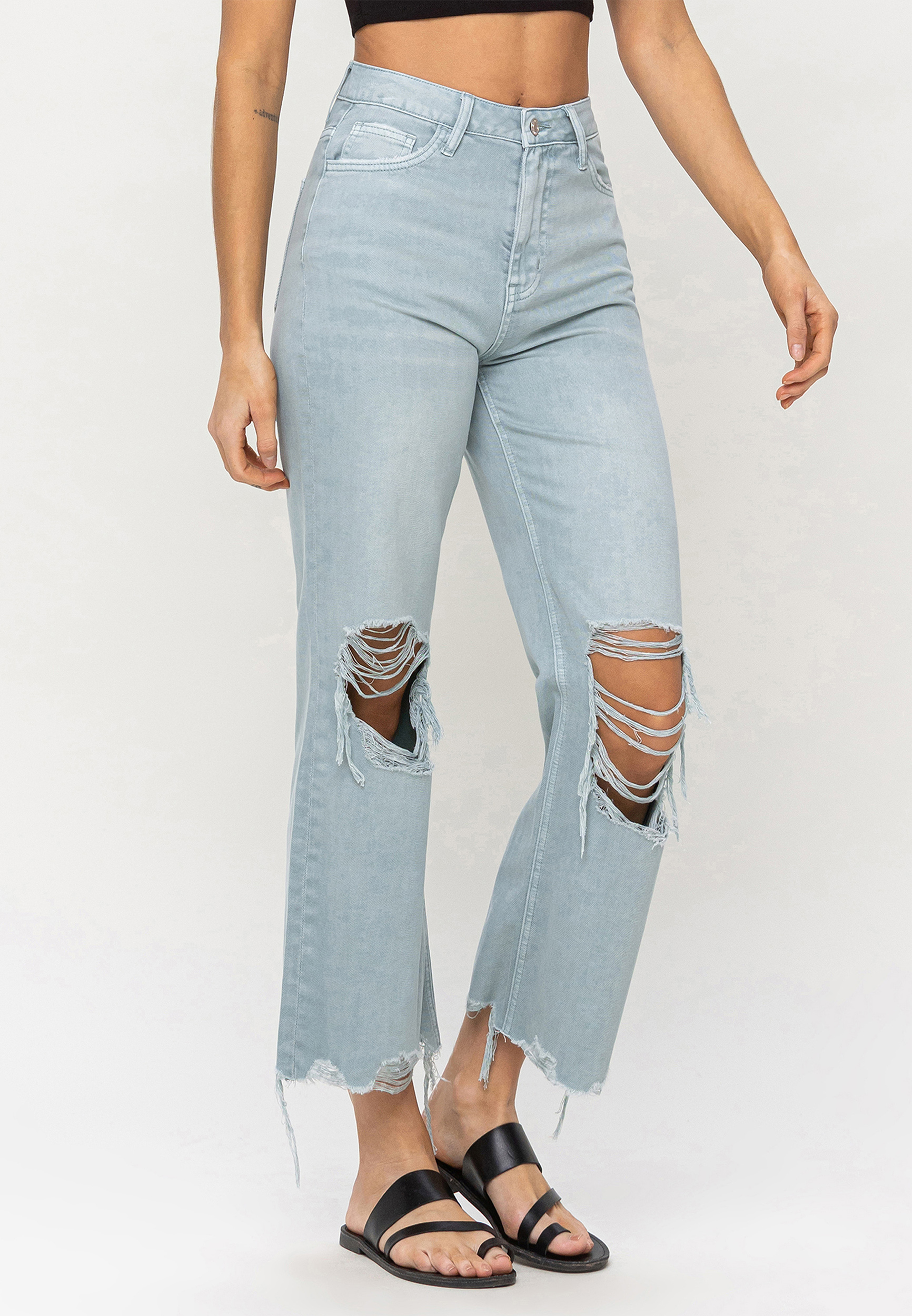 Vervet&trade; Light Green Nonstretch Ripped High Rise Flare Ankle Jean, LIGHT SANDBLAST, large