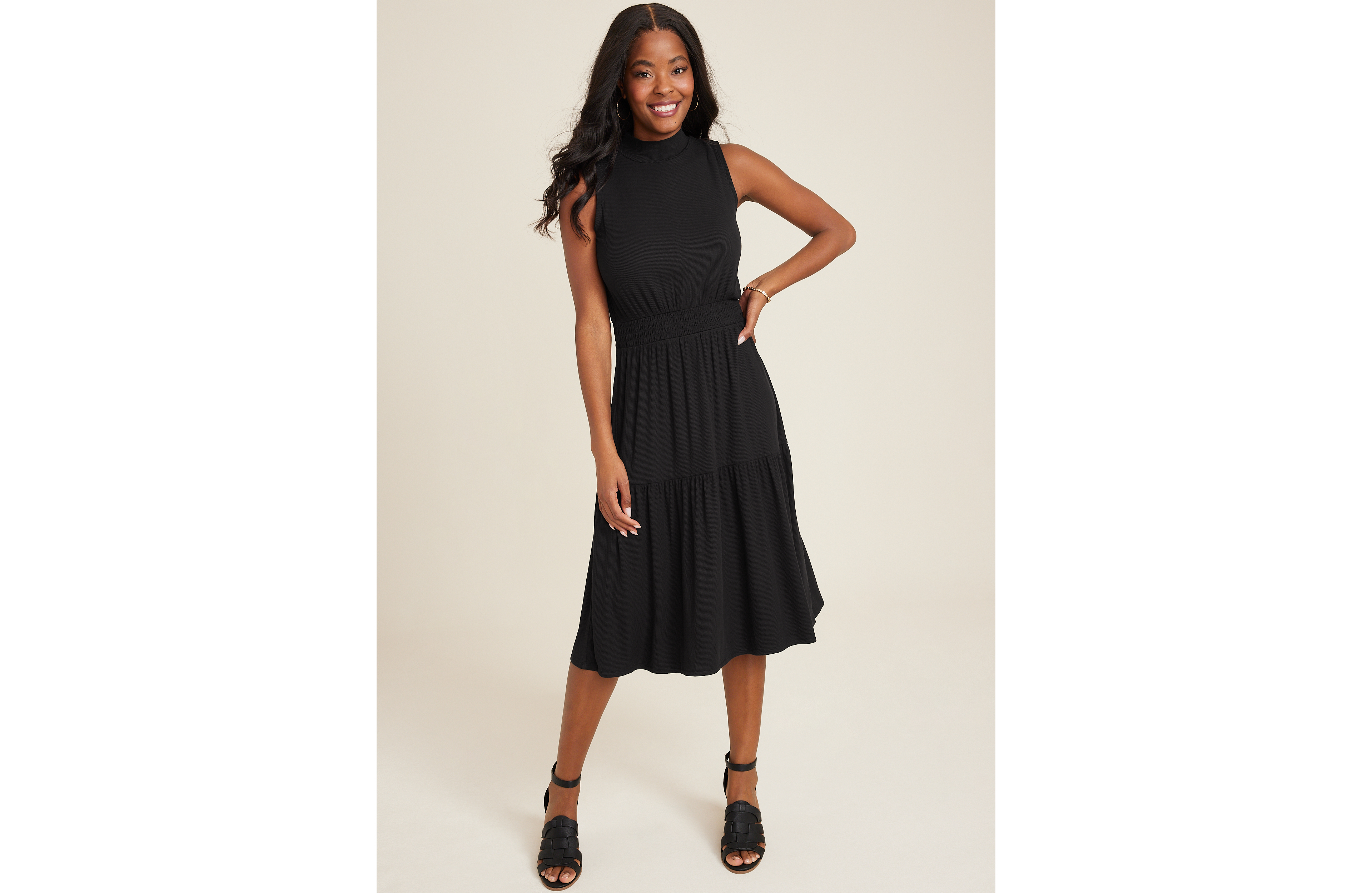 24/7 Mock Neck Ribbed Midi Dress