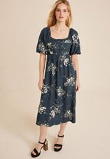 Floral Pleated Bodice Midi Dress, BLUE JASMINE COMBO, small