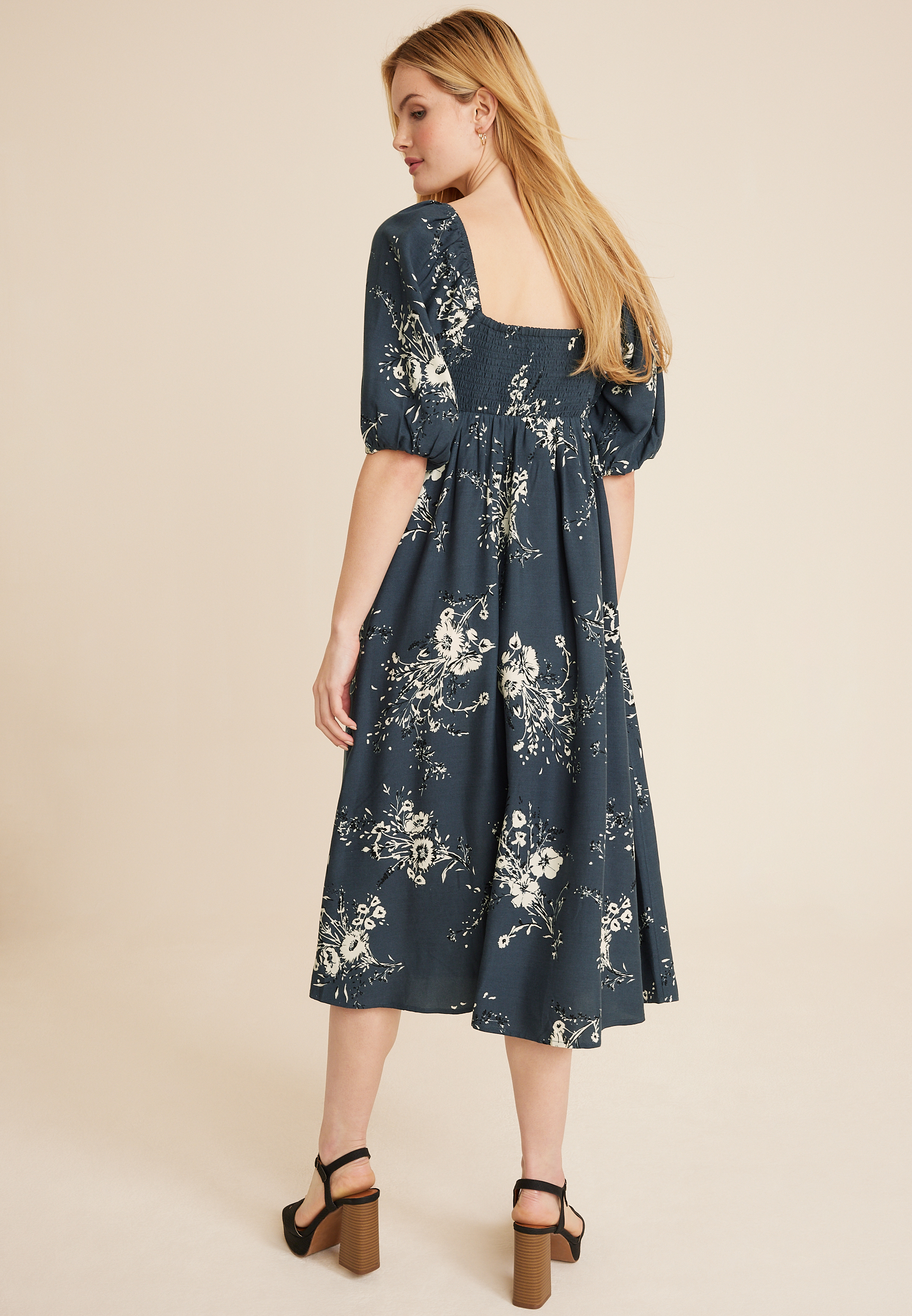 Floral Pleated Bodice Midi Dress, BLUE JASMINE COMBO, large