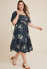 Plus Size Floral Pleated Bodice Midi Dress, C1943, small