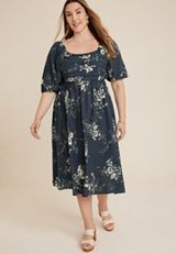 Plus Size Floral Pleated Bodice Midi Dress, C1943, small