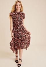 Printed Mock Neck Flutter Sleeve Midi Dress, C1756, small