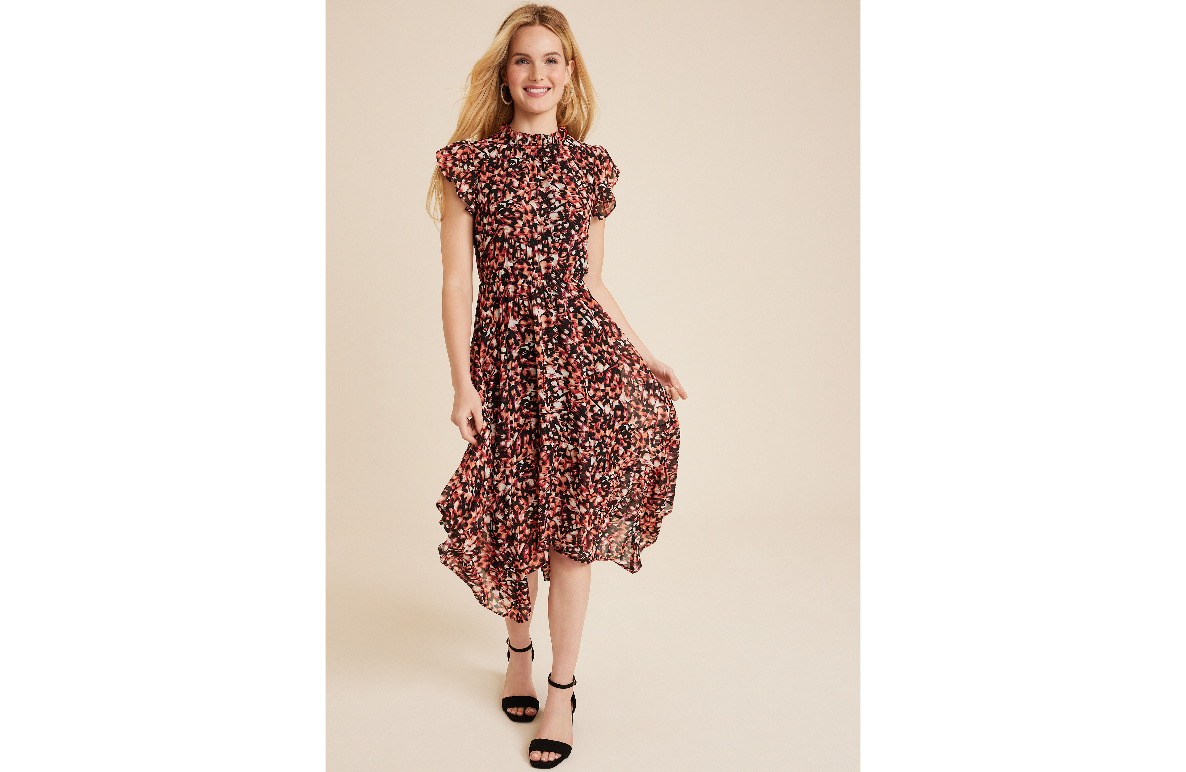 Printed Mock Neck Flutter Sleeve Midi Dress