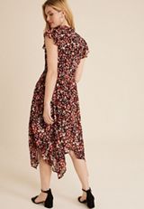 Printed Mock Neck Flutter Sleeve Midi Dress, C1756, small
