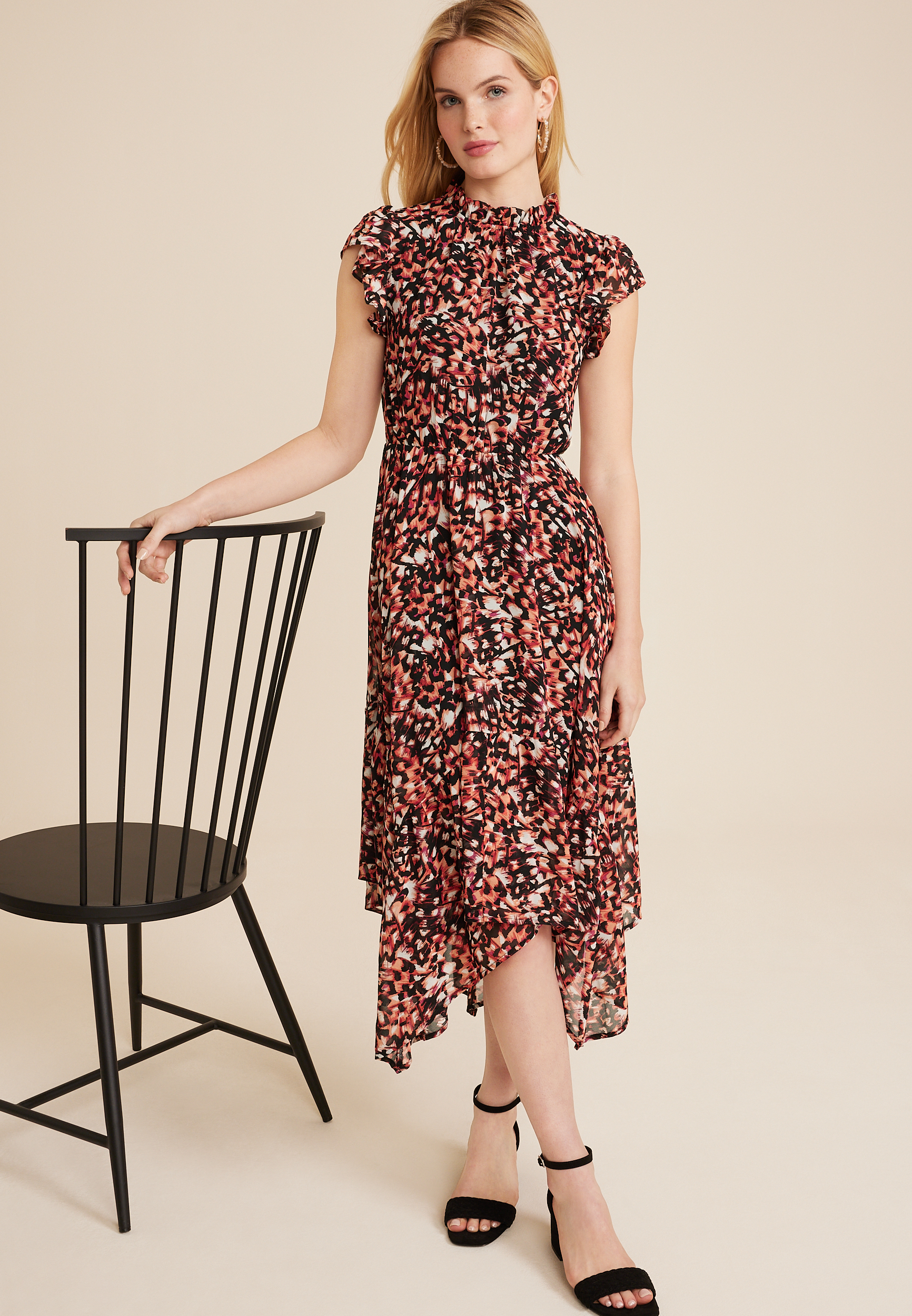 Printed Mock Neck Flutter Sleeve Midi Dress, C1756, large
