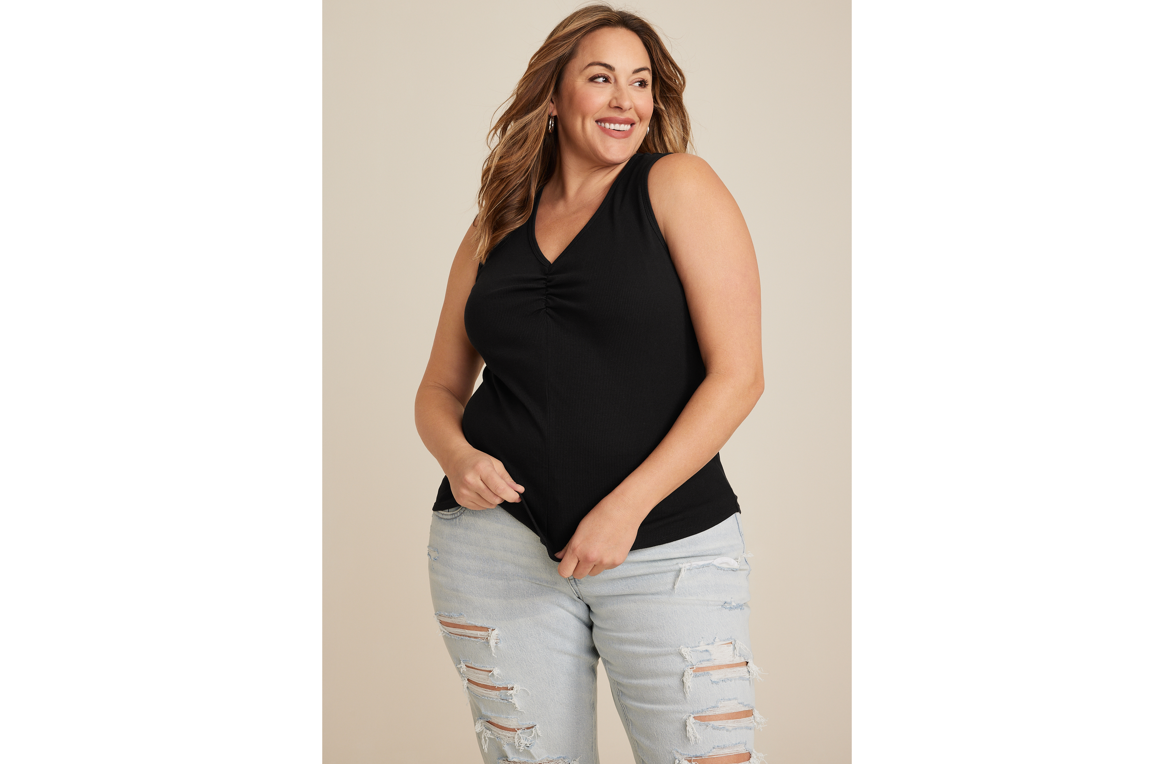 Plus Cinched Ribbed V Neck Tank Top