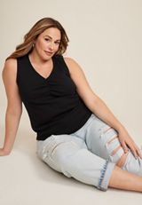 Plus Size Cinched Ribbed V Neck Tank Top, C106, small