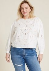 Plus Size Eyelet Long Sleeve Blouse, SOFT WHITE, small