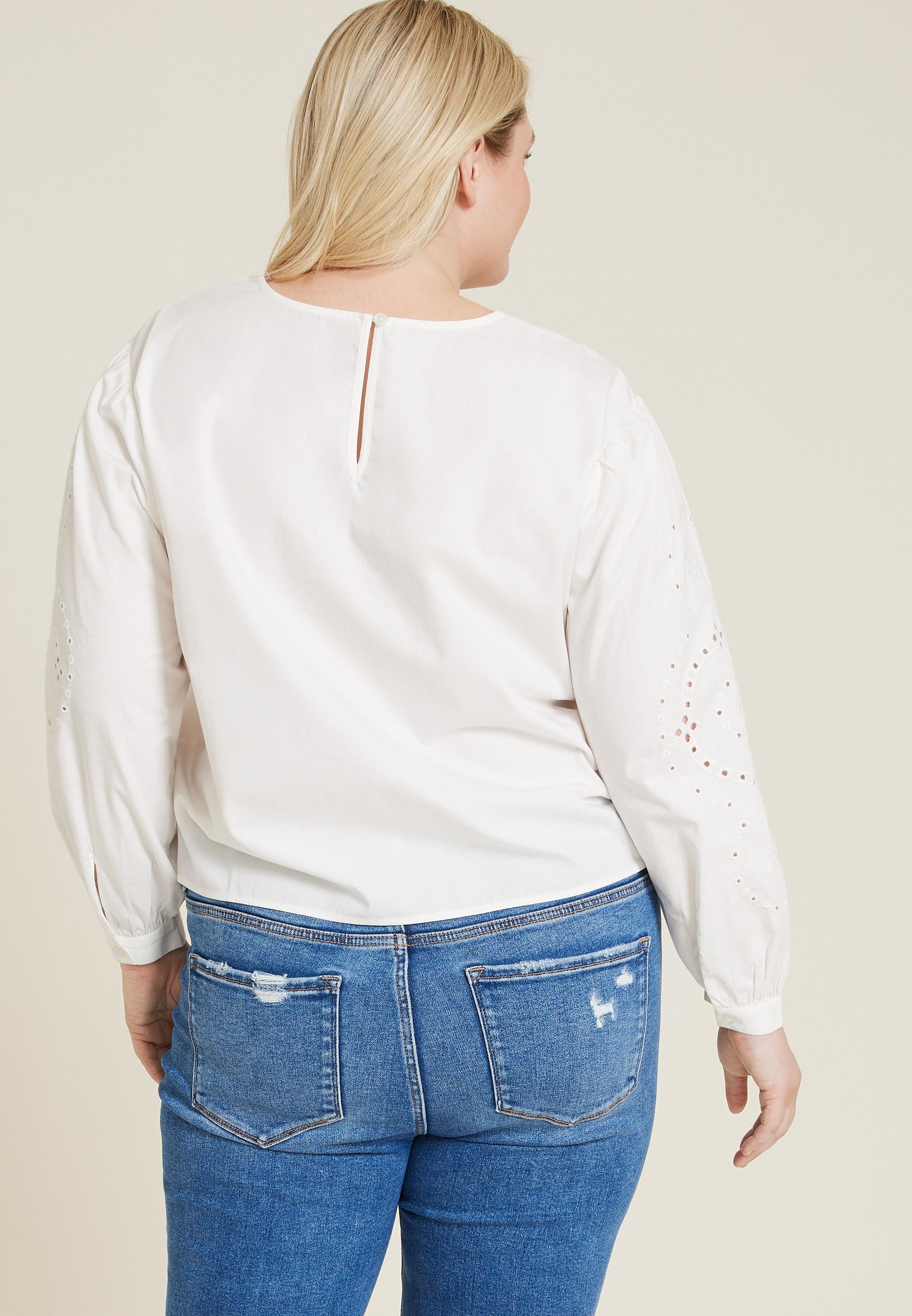 Plus Size Eyelet Long Sleeve Blouse, SOFT WHITE, large