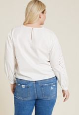 Plus Size Eyelet Long Sleeve Blouse, SOFT WHITE, small