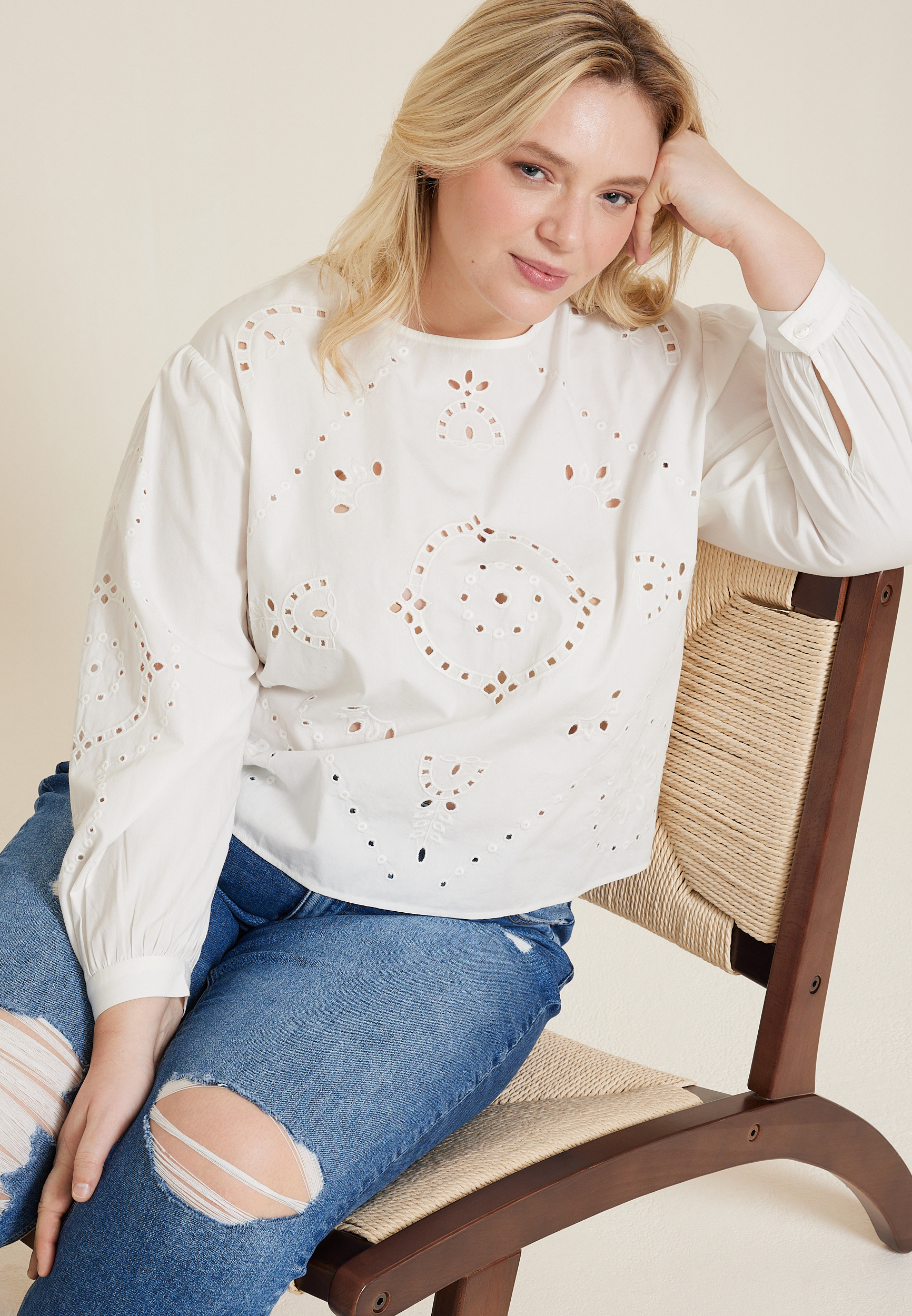 Plus Size Eyelet Long Sleeve Blouse, SOFT WHITE, large