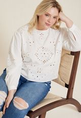 Plus Size Eyelet Long Sleeve Blouse, SOFT WHITE, small