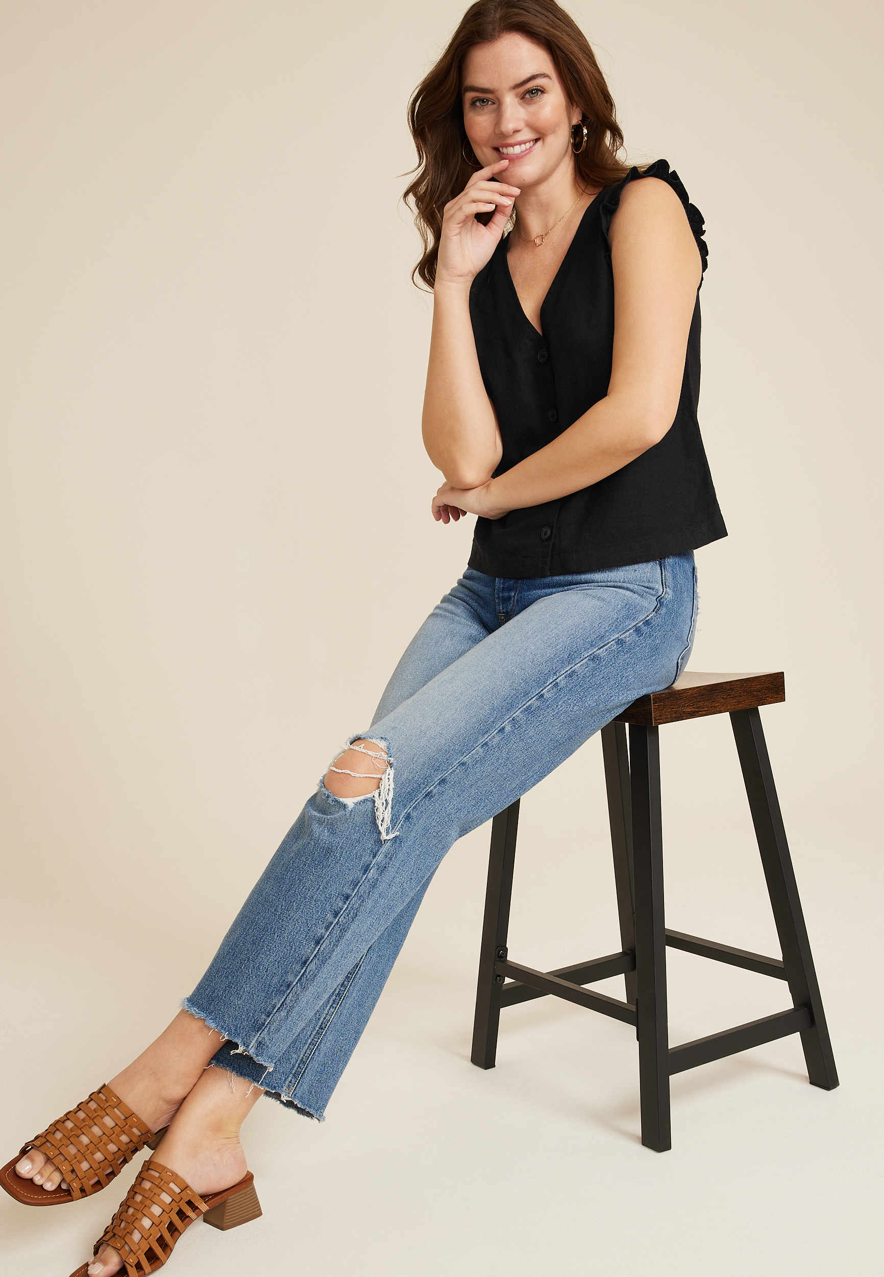 Ruffle Button Front Tank, C106, large