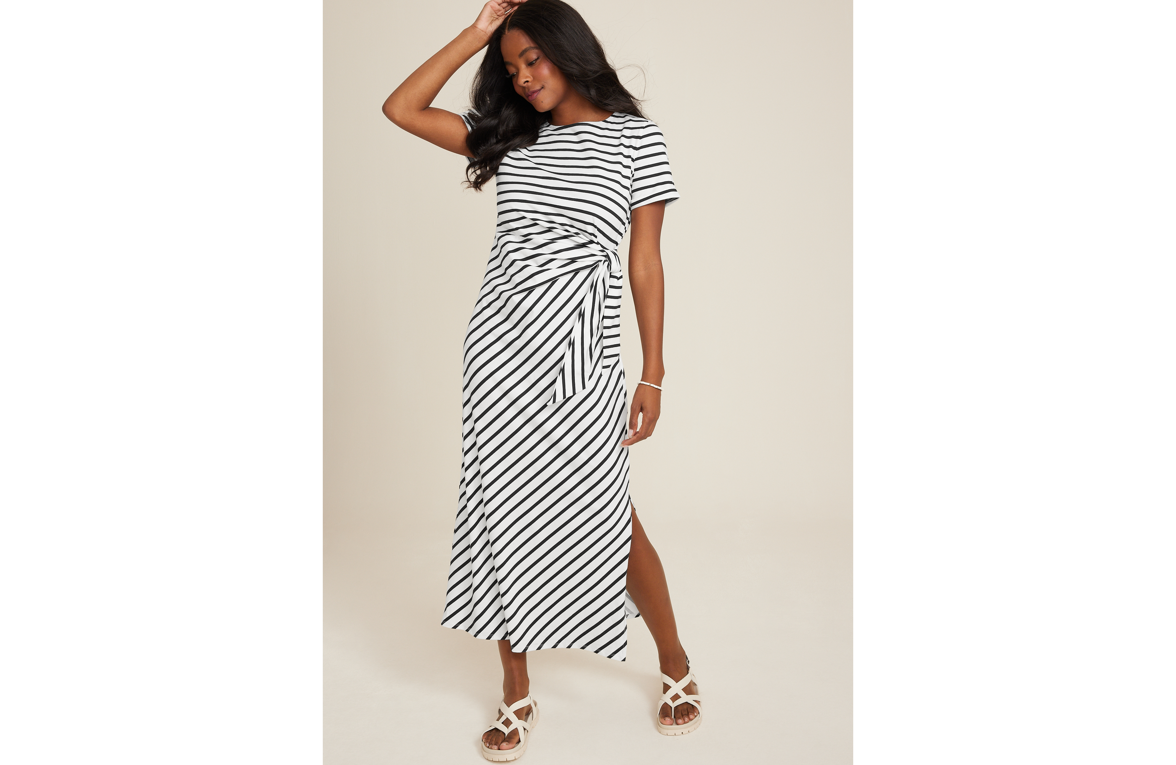 24/7 Striped Waist Tie Midi Dress