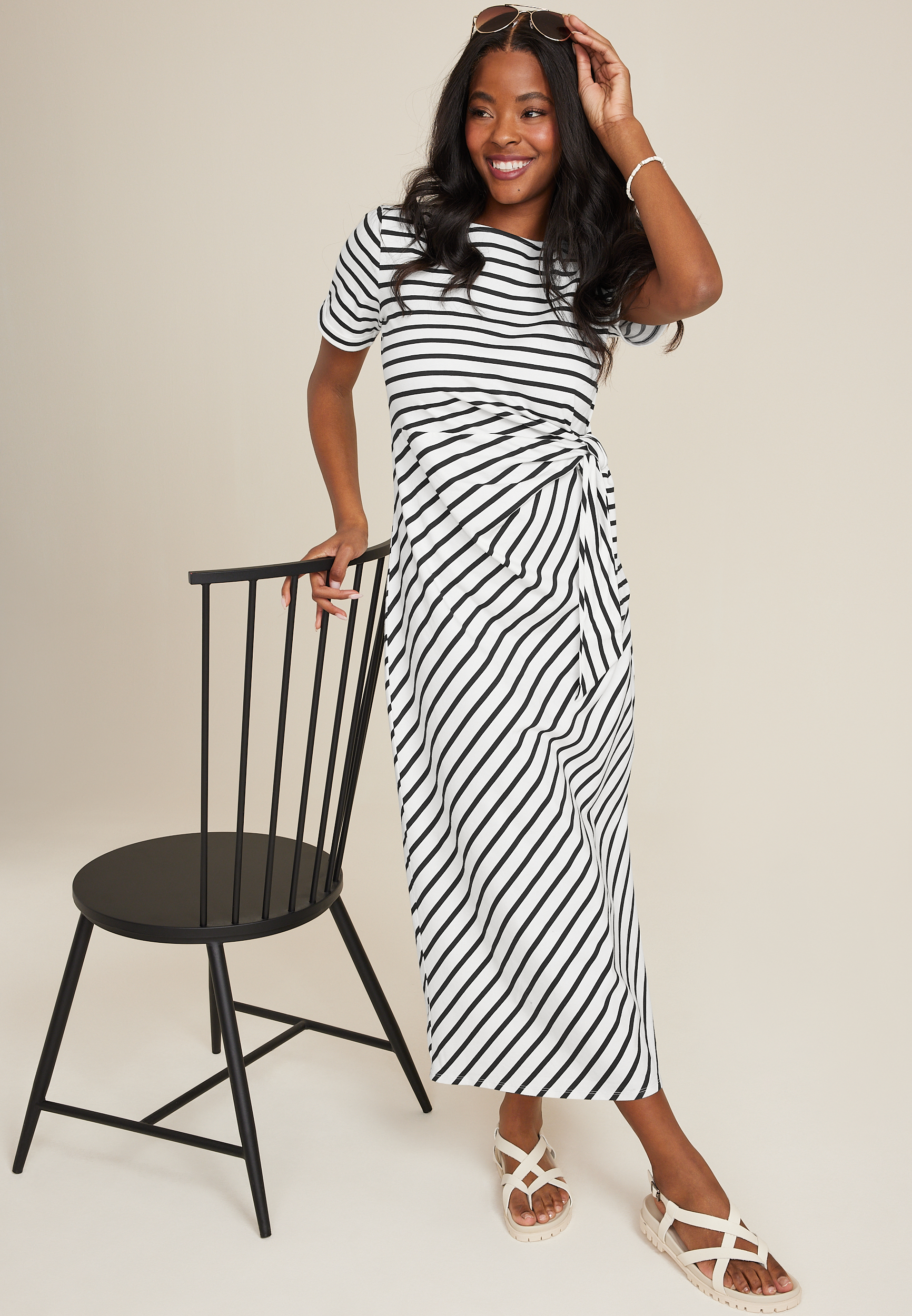 24/7 Striped Waist Tie Midi Dress, C9185, large