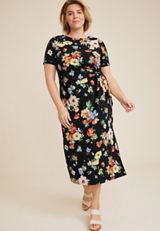 Plus Size 24/7 Floral Waist Tie Midi Dress, BLACK COMBO, small