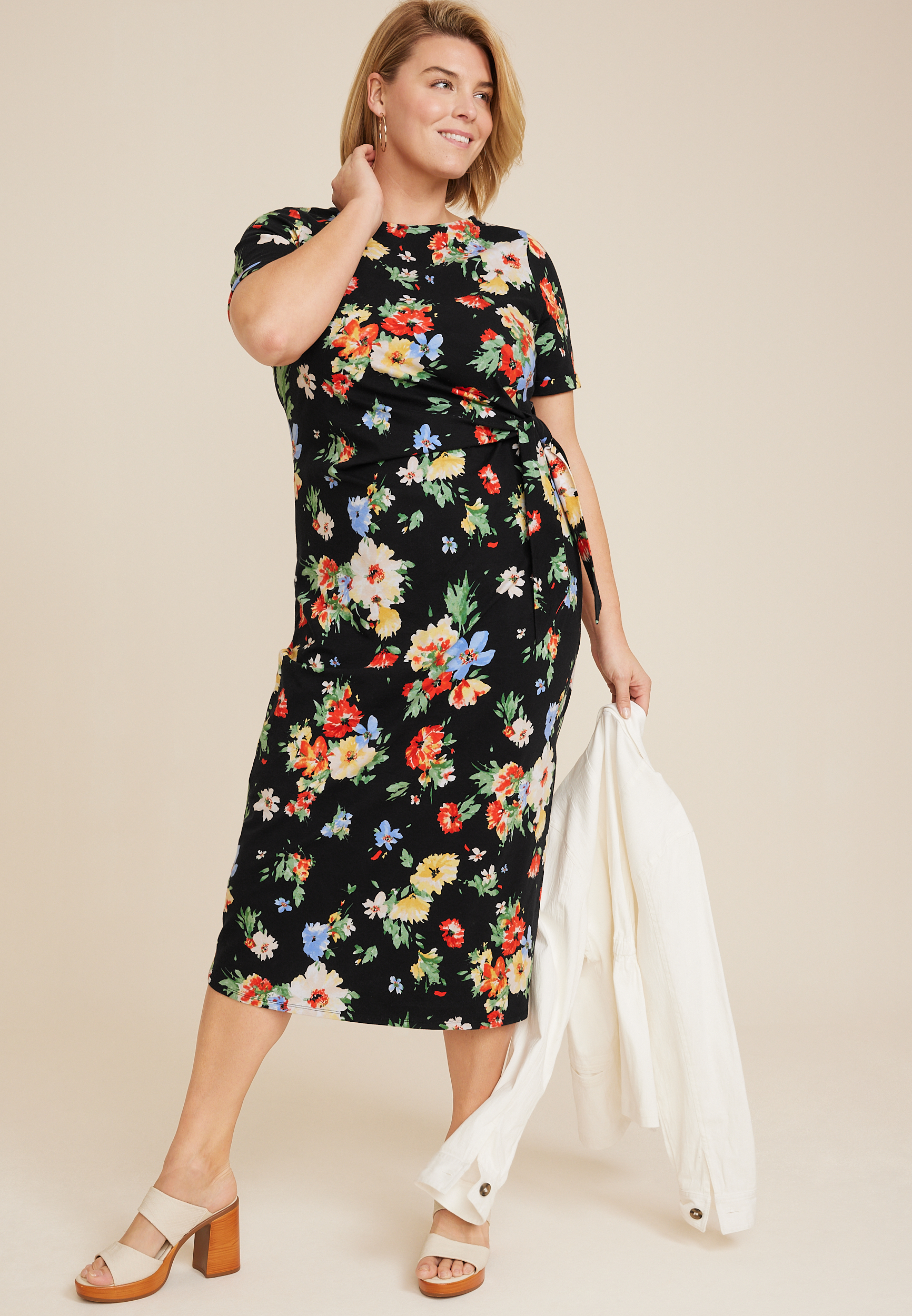 Plus Size 24/7 Floral Waist Tie Midi Dress, BLACK COMBO, large