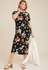 Plus Size 24/7 Floral Waist Tie Midi Dress, BLACK COMBO, small