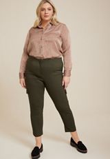 Plus Size Bengaline High Rise Cargo Slim Straight Pant, OLIVE, small