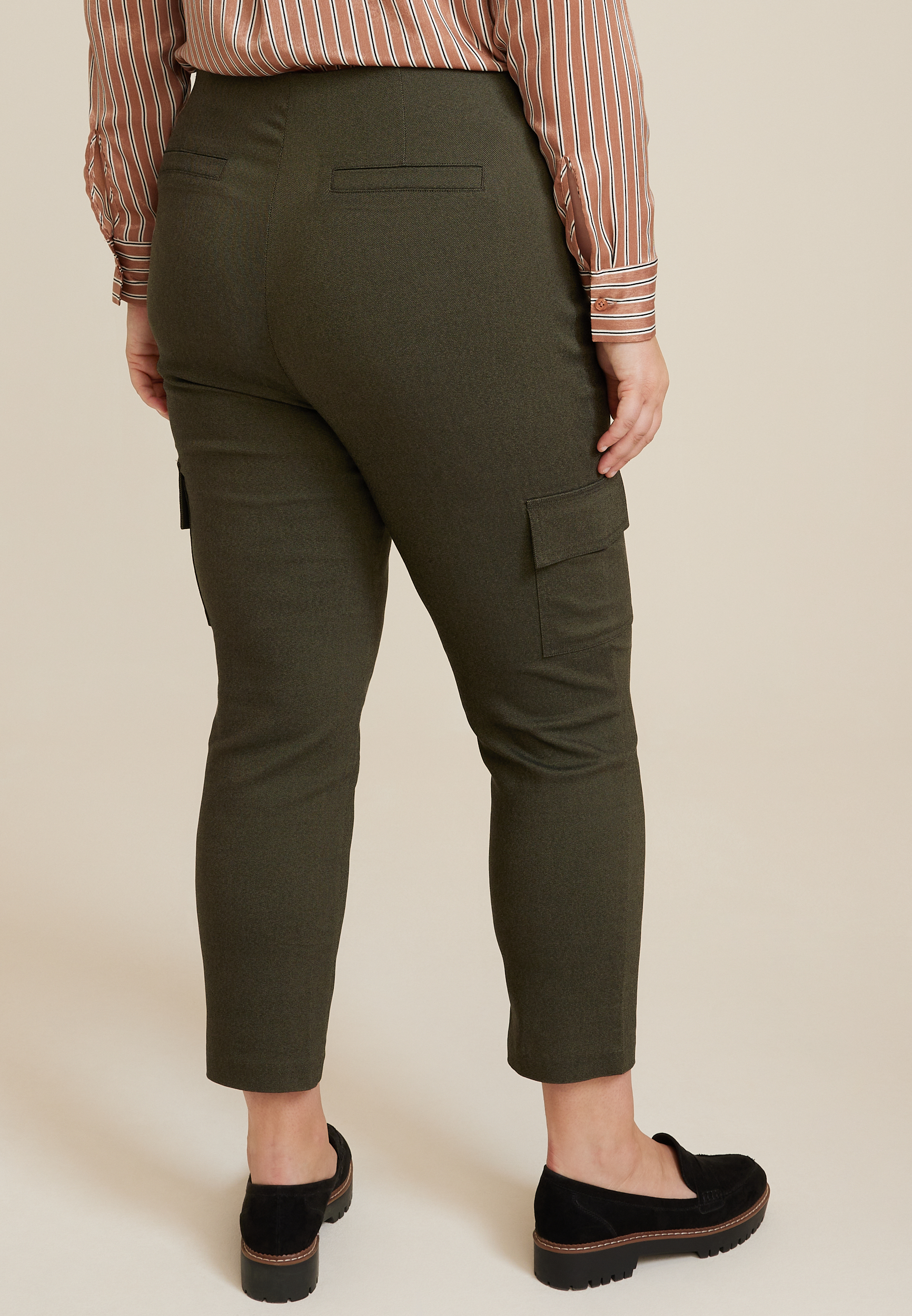 Plus Size Bengaline High Rise Cargo Slim Straight Pant, OLIVE, large
