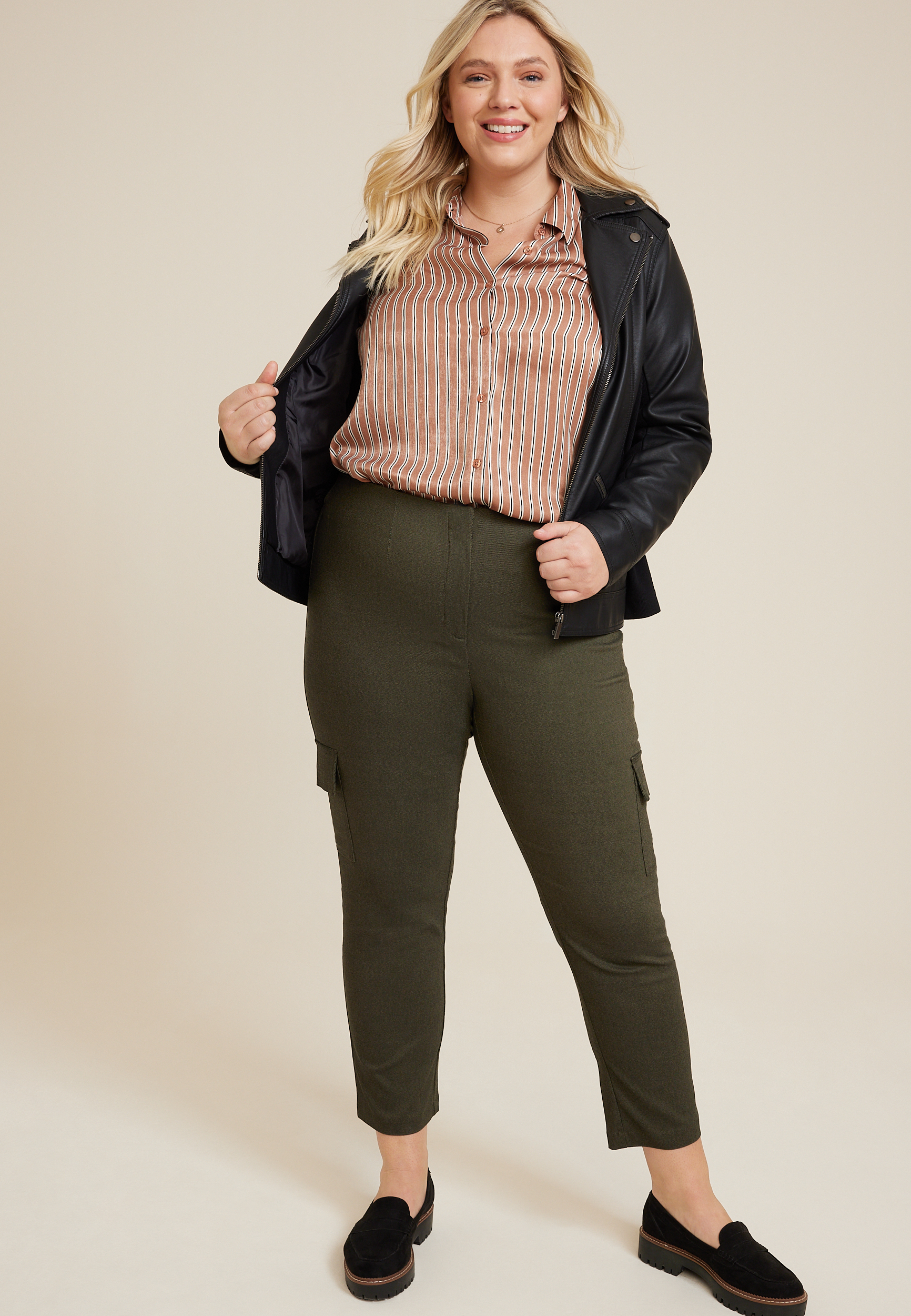 Plus Size Bengaline High Rise Cargo Slim Straight Pant, OLIVE, large