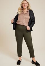 Plus Size Bengaline High Rise Cargo Slim Straight Pant, OLIVE, small