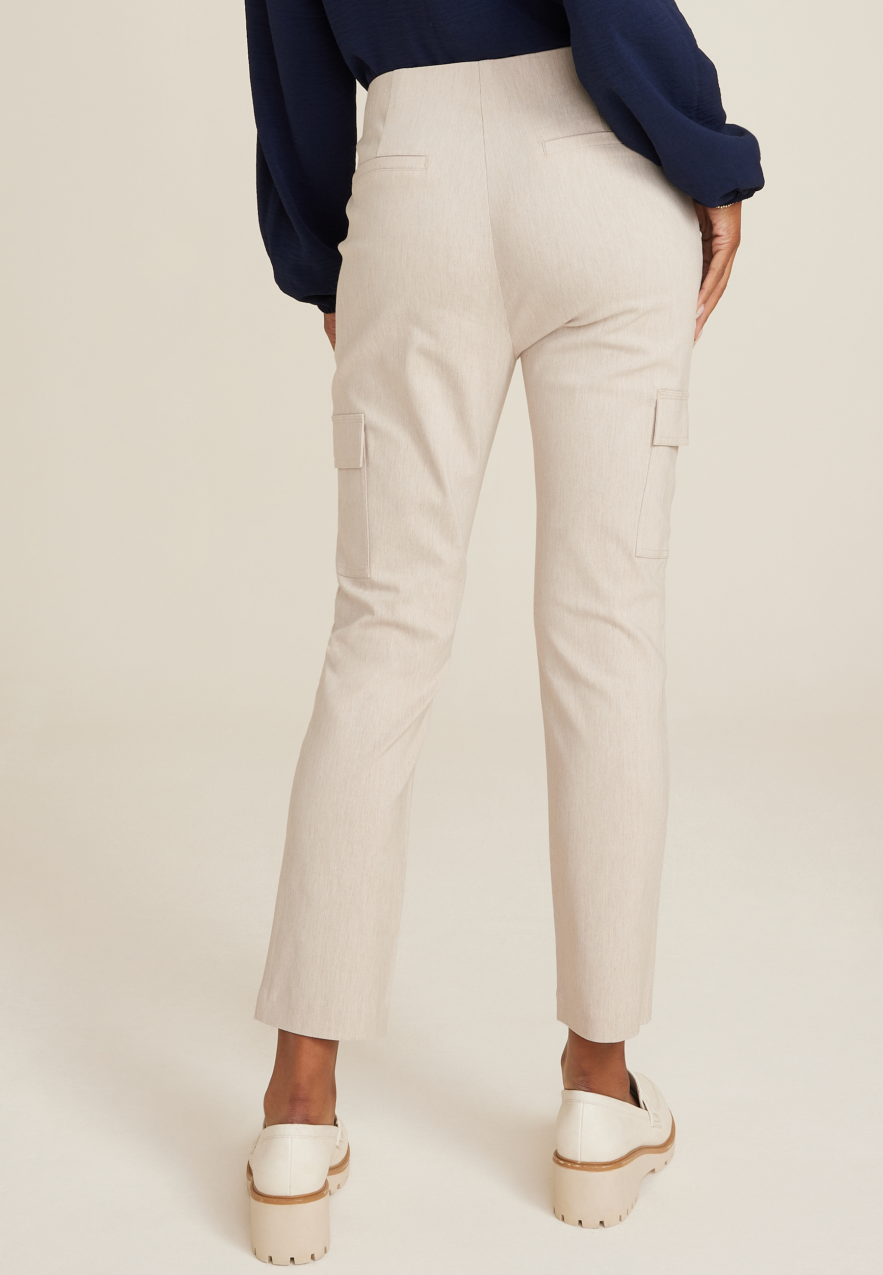 Bengaline High Rise Cargo Slim Straight Pant, OATMEAL HEATHER, large