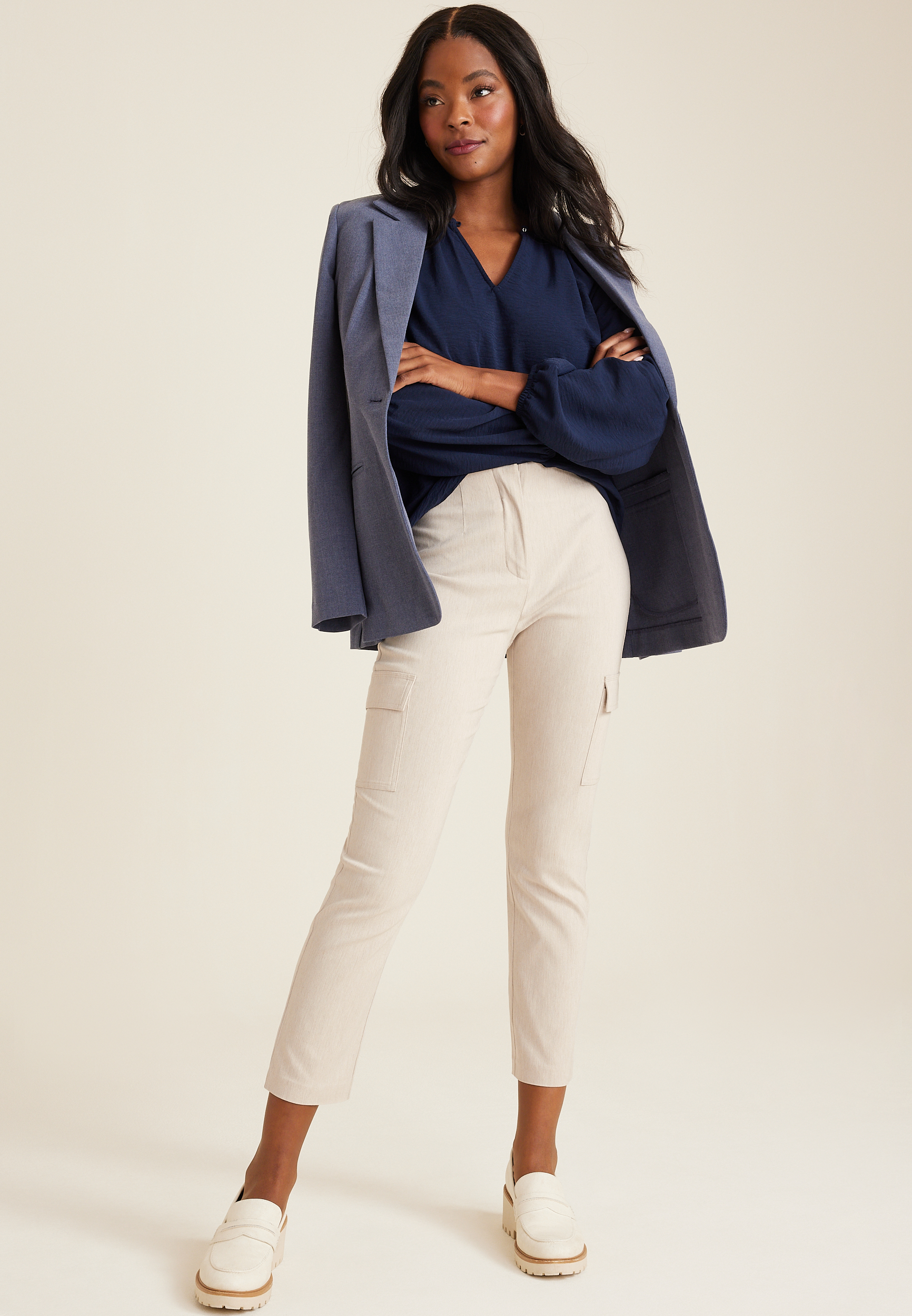 Bengaline High Rise Cargo Slim Straight Pant, OATMEAL HEATHER, large