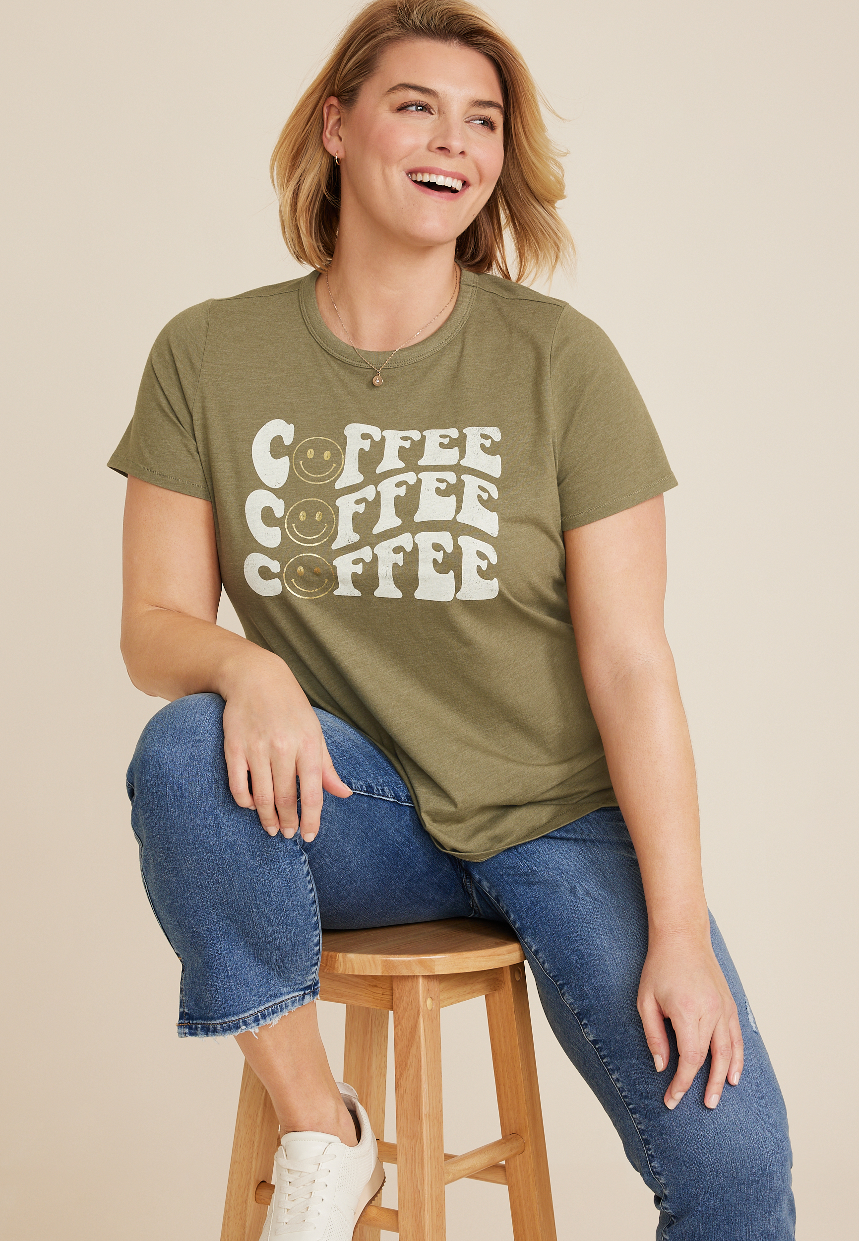 Plus Size Coffee Smiley Graphic Tee, C9316, large