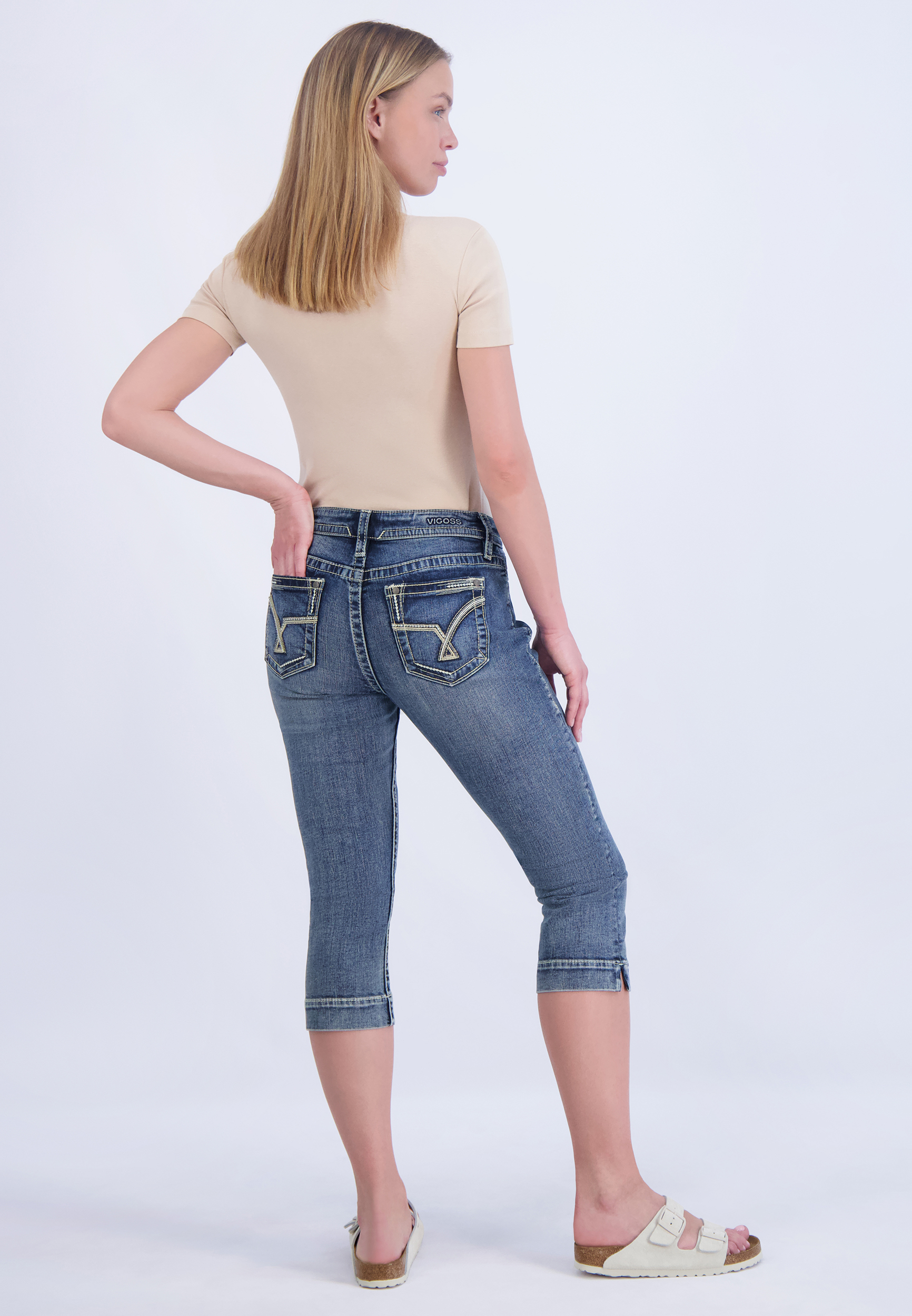 Vigoss&reg; Heritage Mid Rise Arrow Stitch Capri Jean, C258, large