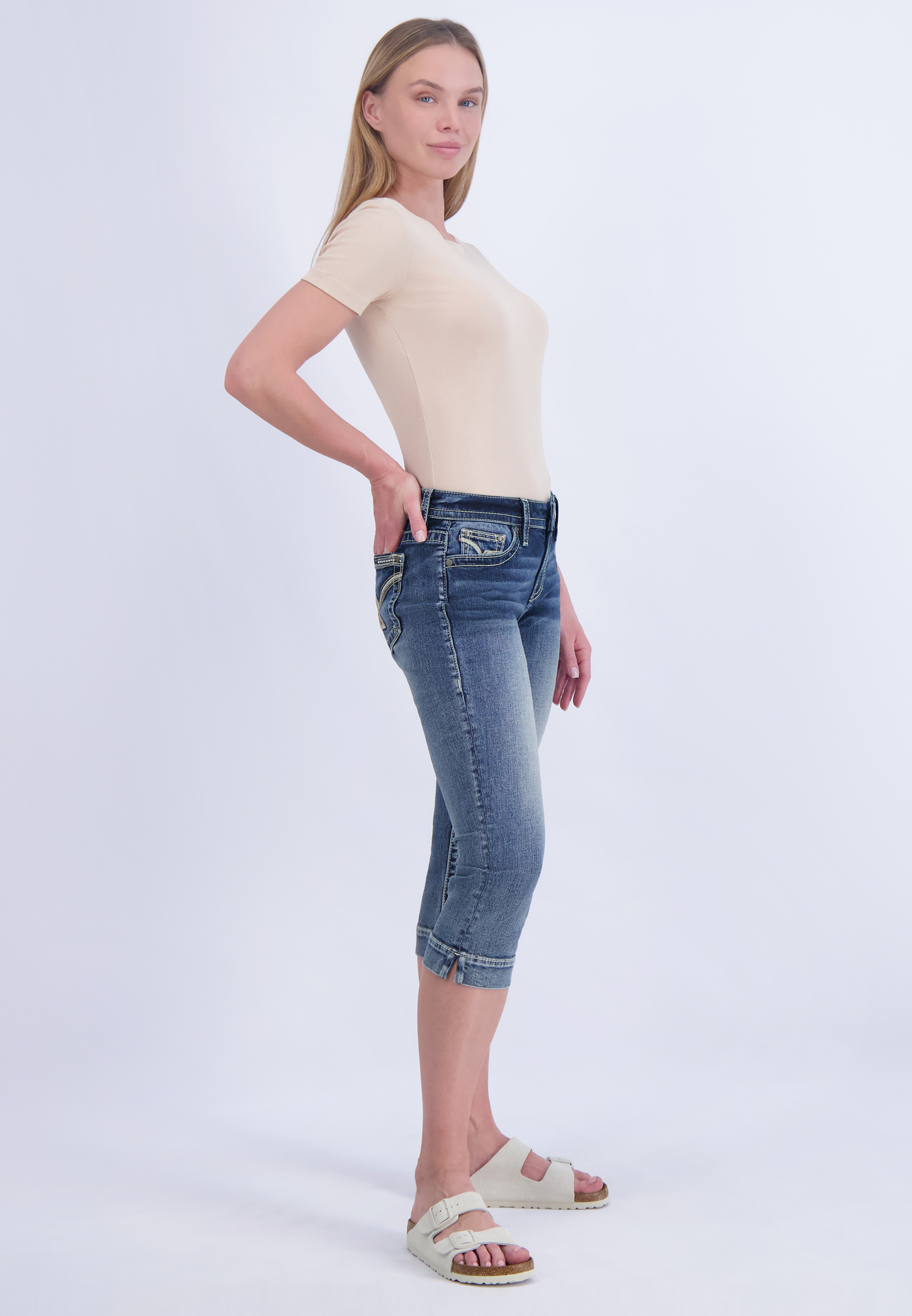 Vigoss&reg; Heritage Mid Rise Arrow Stitch Capri Jean, C258, large