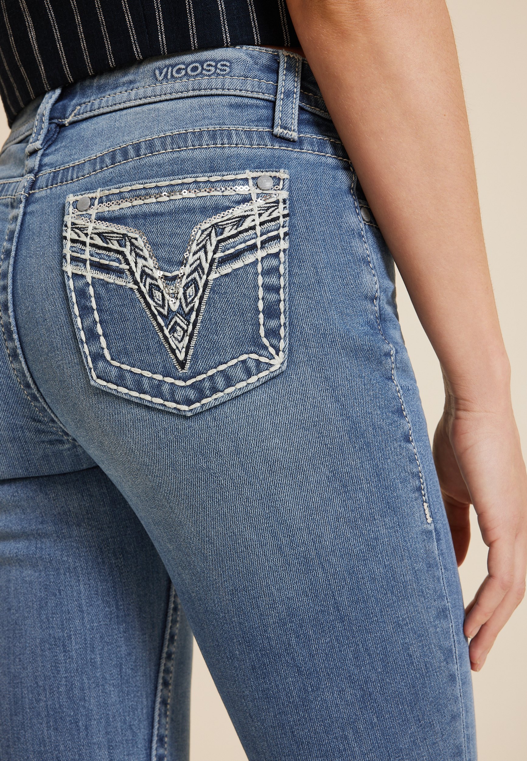 Vigoss&reg; Mid Rise Feather Pocket Slim Boot Jean, C3337, large
