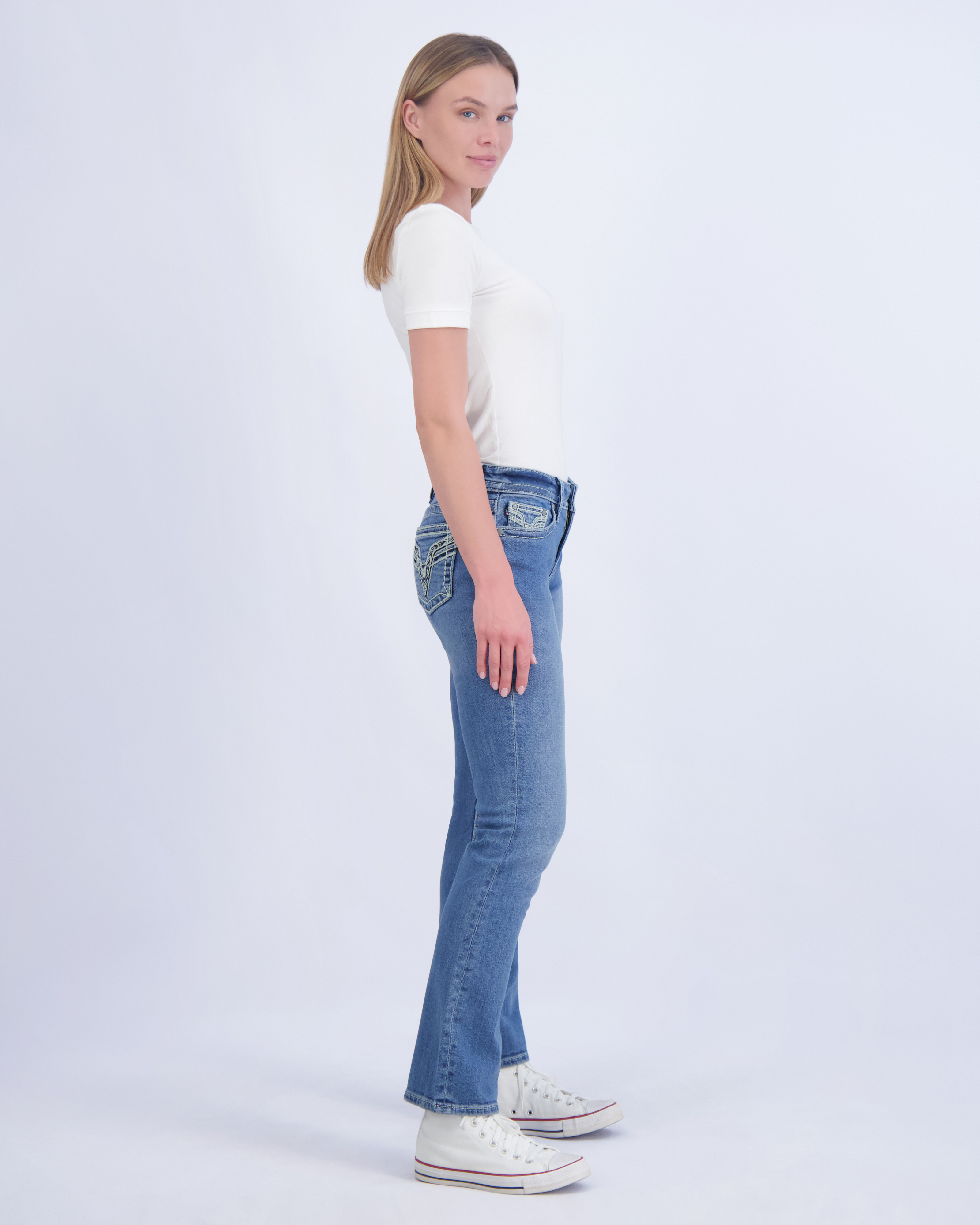 Vigoss&reg; Mid Rise Feather Pocket Slim Boot Jean, C3337, large