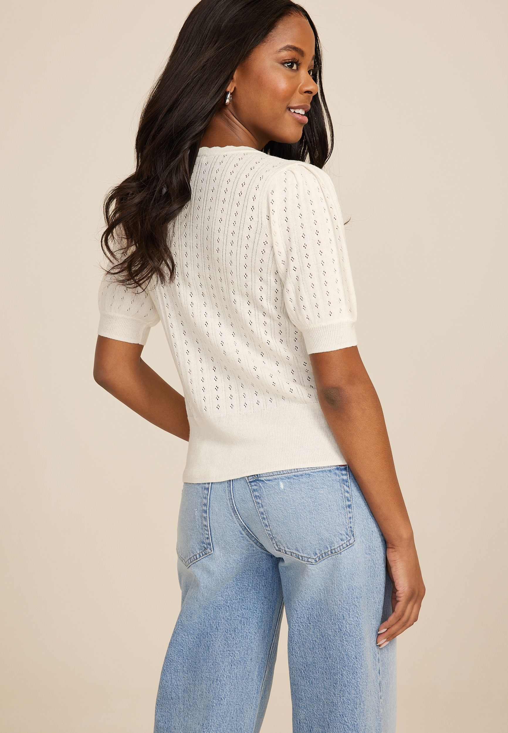 Scalloped Open Stitch Button Down Cardigan, C2789, large