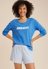 Dreamy Graphic Tee And Striped Short Pajama Set, BLUE, small