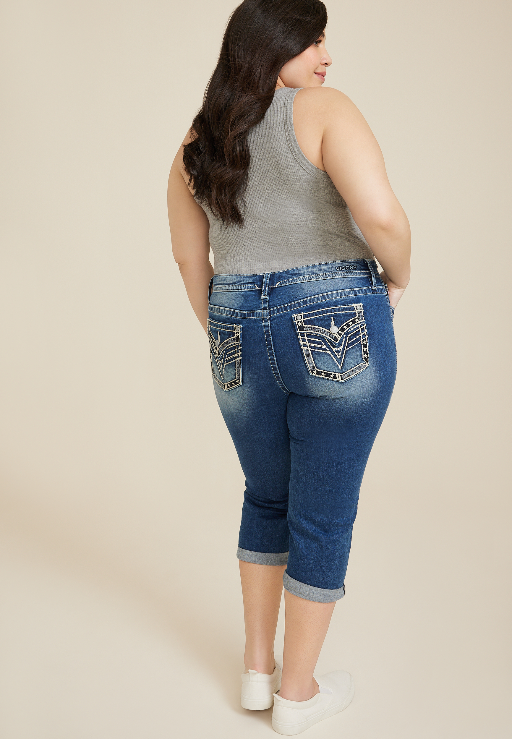 Plus Size Vigoss&reg; Heritage Mid Rise Star Embellished Flap Pocket Capri, C258, large
