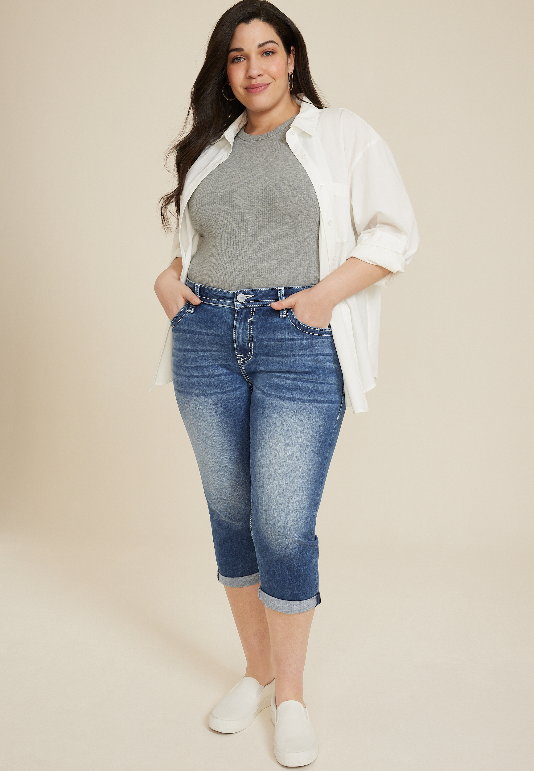 Plus Size Vigoss&reg; Heritage Mid Rise Star Embellished Flap Pocket Capri, C258, large