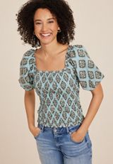 Medallion Smocked Puff Sleeve Blouse, Teal Combo, small