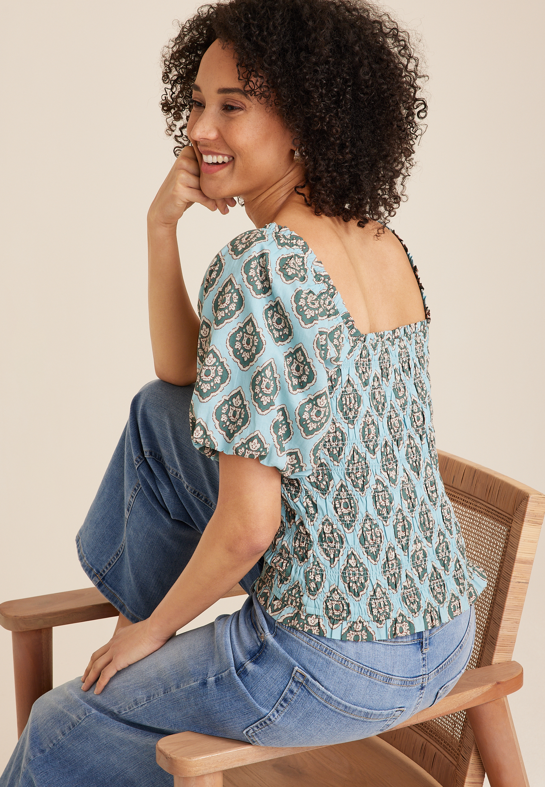 Medallion Smocked Puff Sleeve Blouse, Teal Combo, large