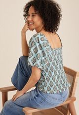Medallion Smocked Puff Sleeve Blouse, Teal Combo, small