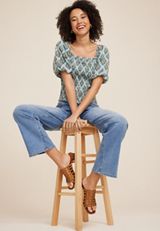 Medallion Smocked Puff Sleeve Blouse, Teal Combo, small