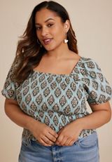 Plus Size Medallion Smocked Puff Sleeve Blouse, Teal Combo, small